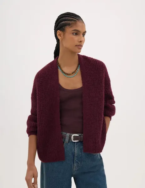 HUSH Wool Blend Textured Relaxed Cardigan Burgundy