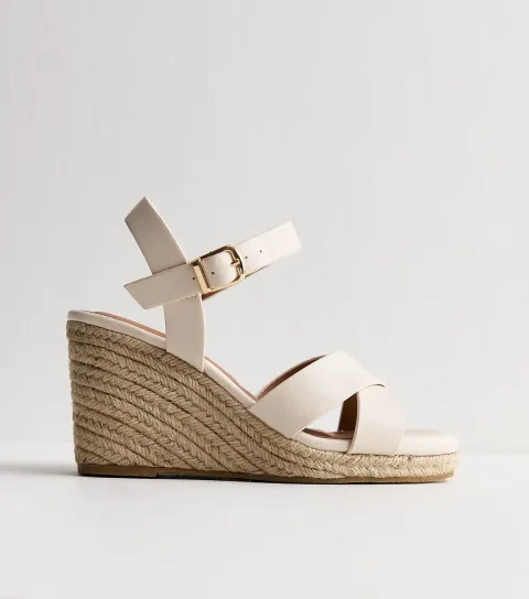 Women's Extra Wide Fit Off White Faux Leather Cross Strap Wedges Vegan