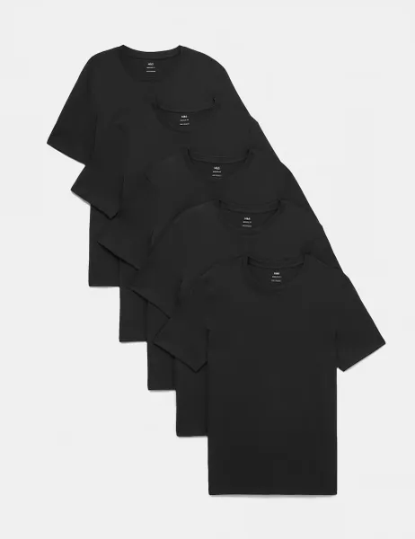 Marks & Spencer 5 Pack Pure Cotton Crew Neck T-Shirts Black