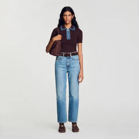 Knit polo jumper with denim collar