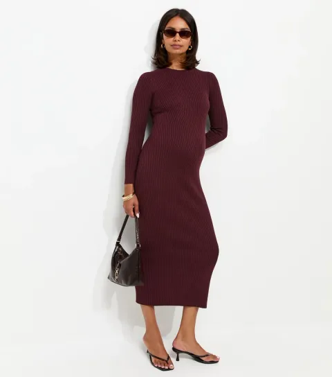 New Look Women's Maternity Dark Burgundy Lightweight Ribbed Knit Midi Dress