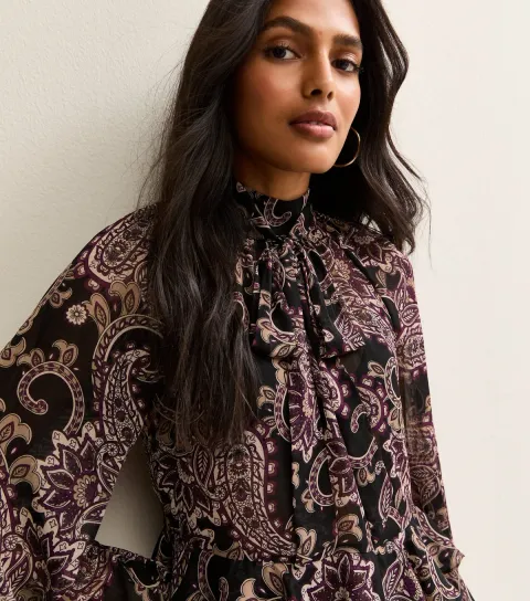 Women's Black Paisley Long Sleeve Blouse