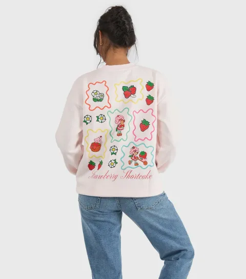 Women's Custard Light Pink Strawberry Shortcake Print Sweatshirt