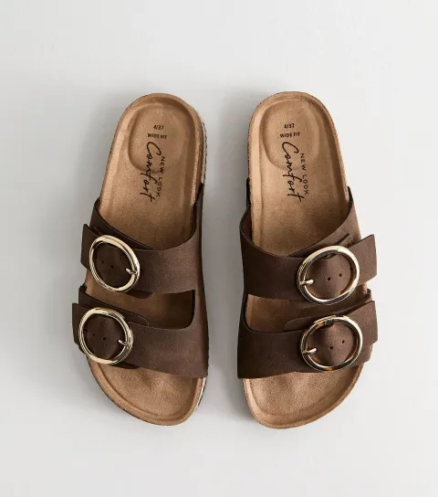 New Look Women's Wide Fit Brown Faux Suede Round Buckle Sandals Vegan