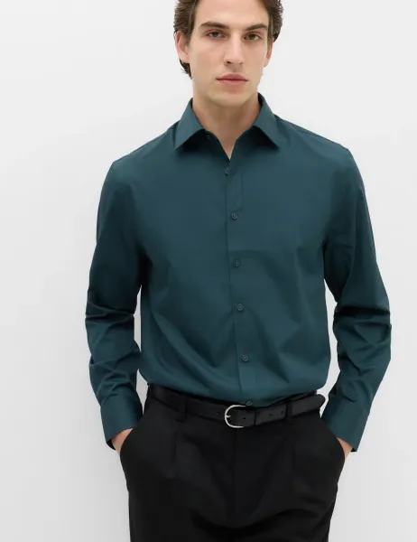 Marks & Spencer Regular Fit Easy Iron Cotton Blend Shirt Dark Evergreen