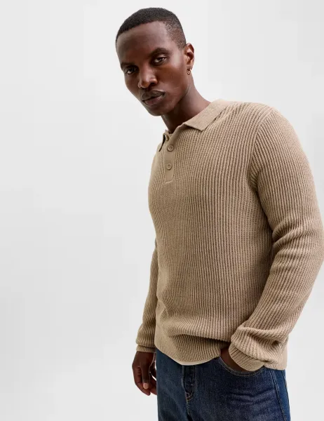 Jack & Jones Cotton Blend Textured Polo Shirt Beige