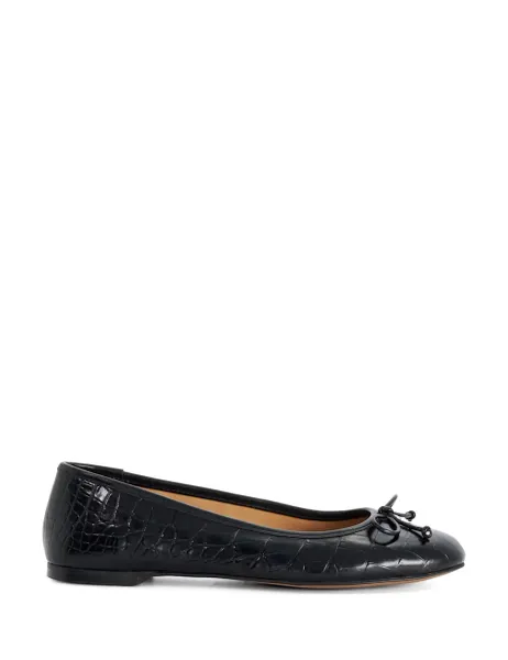 Dune London Leather Croc Bow Flat Ballet Pumps Black