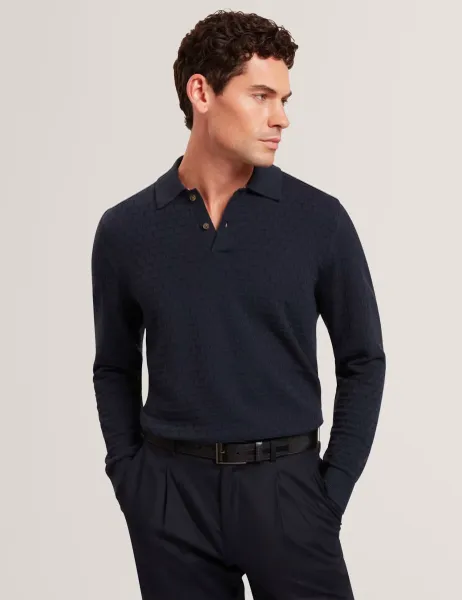 Ted Baker Cotton Rich Textured Long Sleeve Polo Shirt Navy