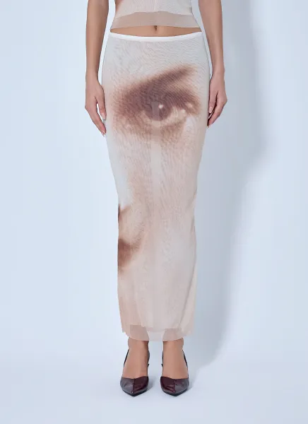 Mesh Printed Face Long Skirt