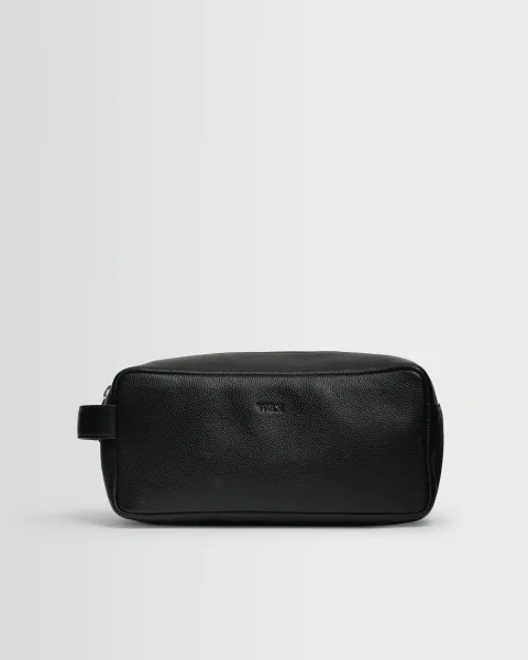 Wax London Wells - Black Grain Leather Wash Bag