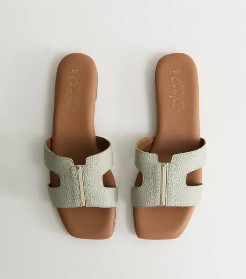 Women's Mint Green Grained Faux Leather Metal Bar Mule Sandals Vegan