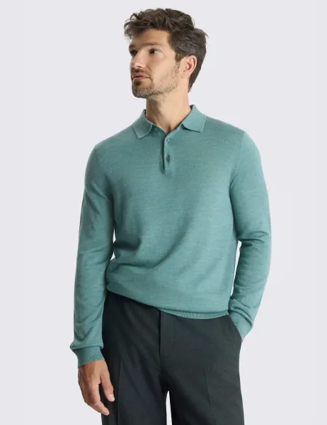 Moss Merino Wool Rich Knitted Polo Shirt Teal