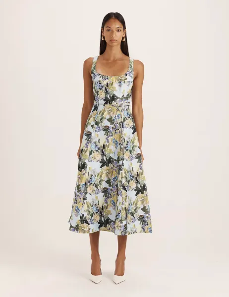 Saba Linen Rich Floral Scoop Neck Midi Dress Multi