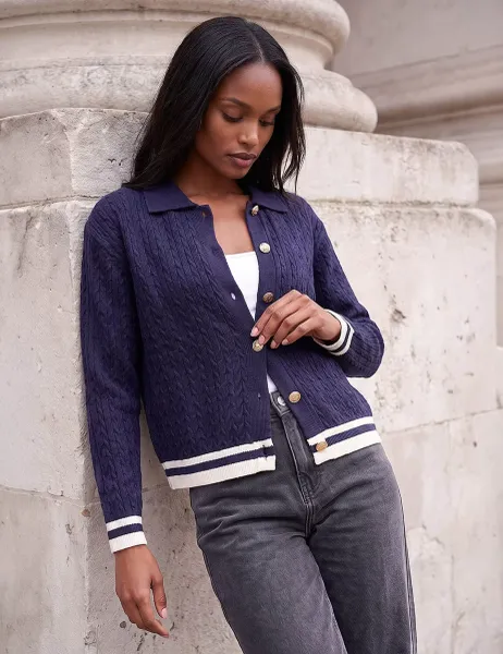 Roman Cable Knit Collared Cardigan Navy Mix