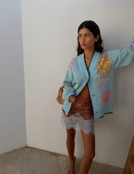Never Fully Dressed Celestial Jacquard V-Neck Relaxed Cardigan Blue Mix