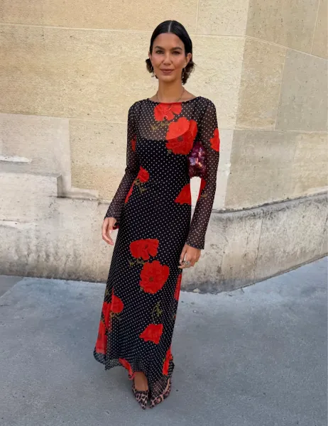 Never Fully Dressed Polka Dot Crew Neck Maxi Dress Black Mix