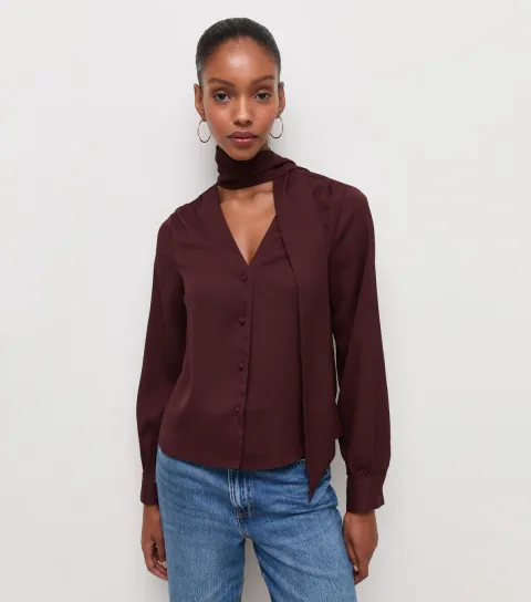 Women's Dark Burgundy Woven Pussybow Blouse