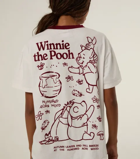 Skinnydip Women's White Cotton Winnie The Pooh Outline Graphic T-Shirt