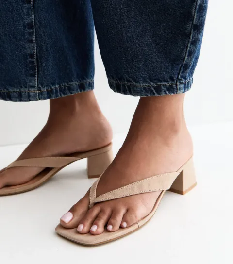 Women's Light Brown Faux Suede Toe Post Block Heel Sandals Vegan
