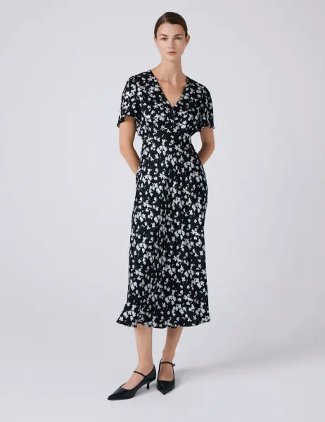 Ghost Satin Floral Midi Tea Dress Black Mix
