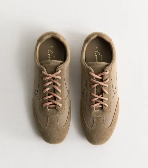 Women's Camel Faux Suede Panelled Low Top Trainers Vegan