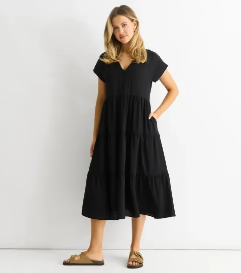 Gini London Women's Black Tiered Midi Smock Dress