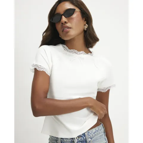River Island Lace Trim Bow Detail Fitted T-Shirt