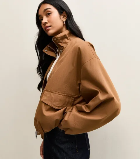 Women's Tan Funnel Neck Bubble Hem Jacket