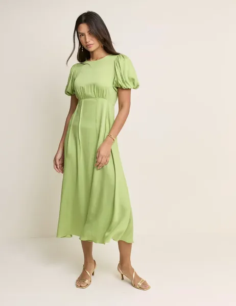 Nobody's Child Round Neck Puff Sleeve Midi Waisted Dress Green