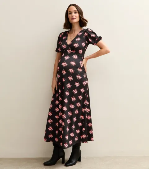 Women's Maternity Black Floral Print Lace Trim Midi Dress