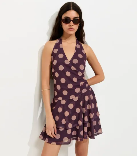Women's Burgundy Mesh Polka Dot Halterneck Mini Dress