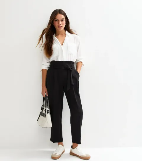 New Look Women's Petite Black High Waist Paperbag Trousers