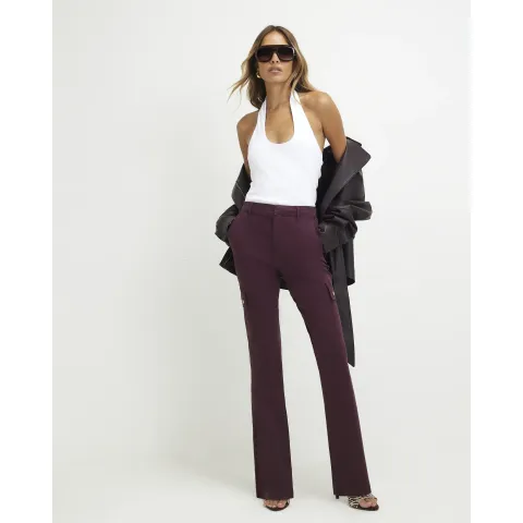 River Island Burgundy Mid Rise Slim Flared Cargo Jeans