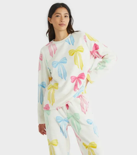 Women's White Bow Pattern Two Piece Fleece Pyjama Set