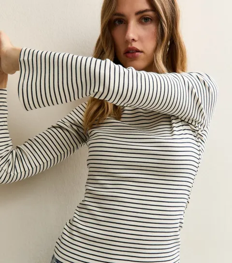 Women's White and Navy Striped Slash Neck Flared Sleeve Top