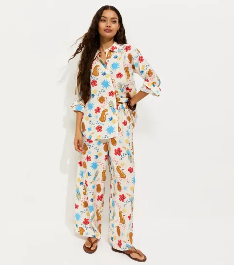 Women's Petite Cream Crinkle Texture Leopard Print Wide Leg Trousers
