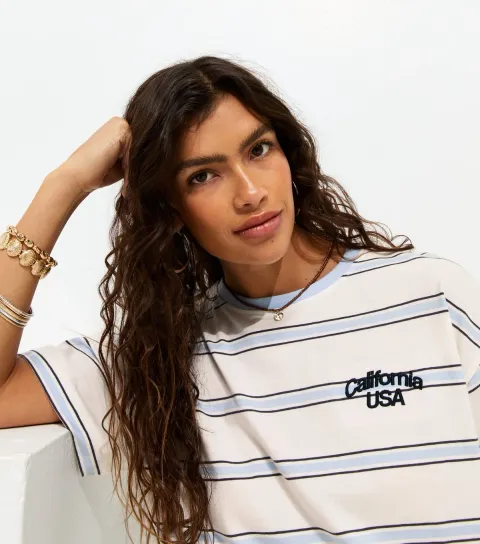 Women's Cream Cotton Stripe California Embroidery Oversized T-Shirt
