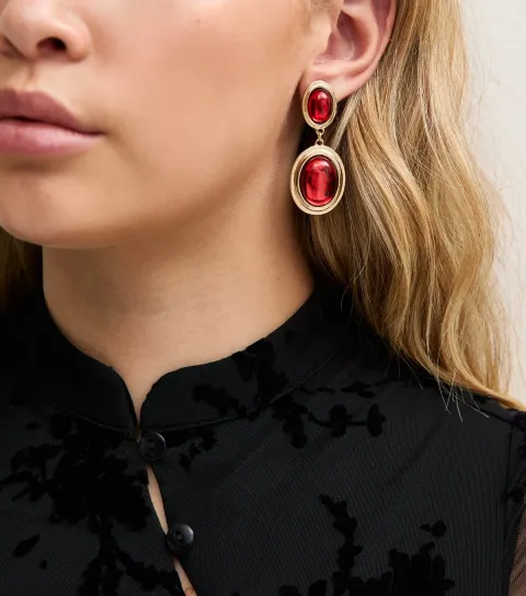 New Look Gold Tone Dark Burgundy Oval Drop Earrings