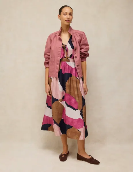 White Stuff Printed Knotted V-Neck Midi Waisted Dress Pink Mix