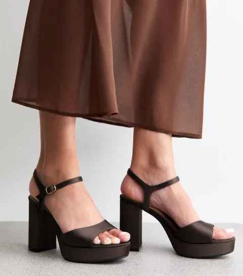 New Look Women's Brown Satin Block Heel Platform Sandals Vegan