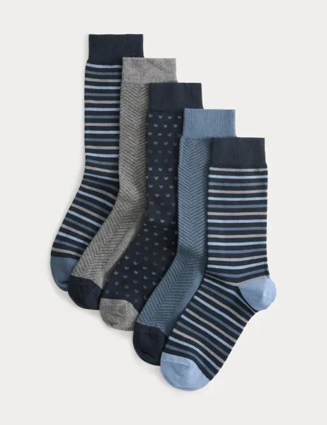 Marks & Spencer 5 Pack Cool & Fresh Geo Cotton Rich Socks Blue Mix