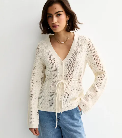 Women's Cream Cotton Rich Stitchy Knit Tie Waist Cardigan