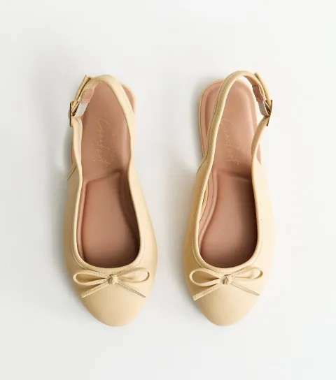 Women's Wide Fit Faux Leather Light Yellow Slingback Ballet Pumps Vegan