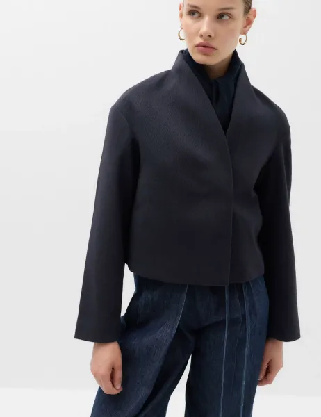Marks & Spencer Textured Wrap Collar Short Jacket Navy