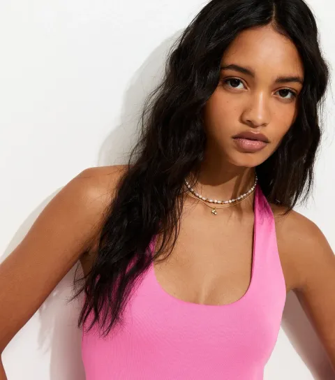 Women's Bright Pink Ribbed Halter Neck Vest Top