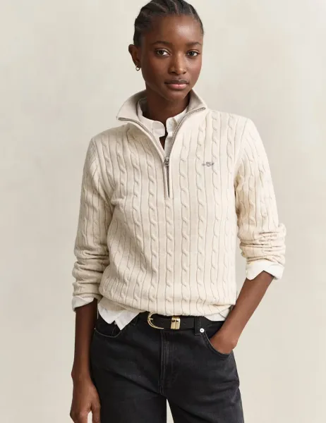 Gant Cotton Rich Cable Knit Half Zip Jumper Stone