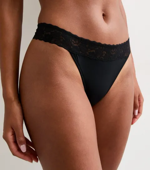 Women's Black Lace Top Microfibre Thong