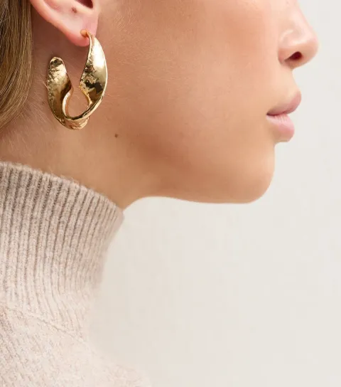 New Look Gold Tone Large Chunky Hammered Wavy Hoop Earrings