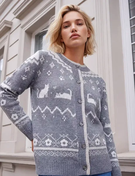 Roman Cat Jacquard Cardigan Grey Mix