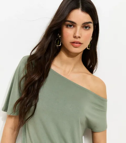 Women's Khaki Jersey Off The Shoulder Top